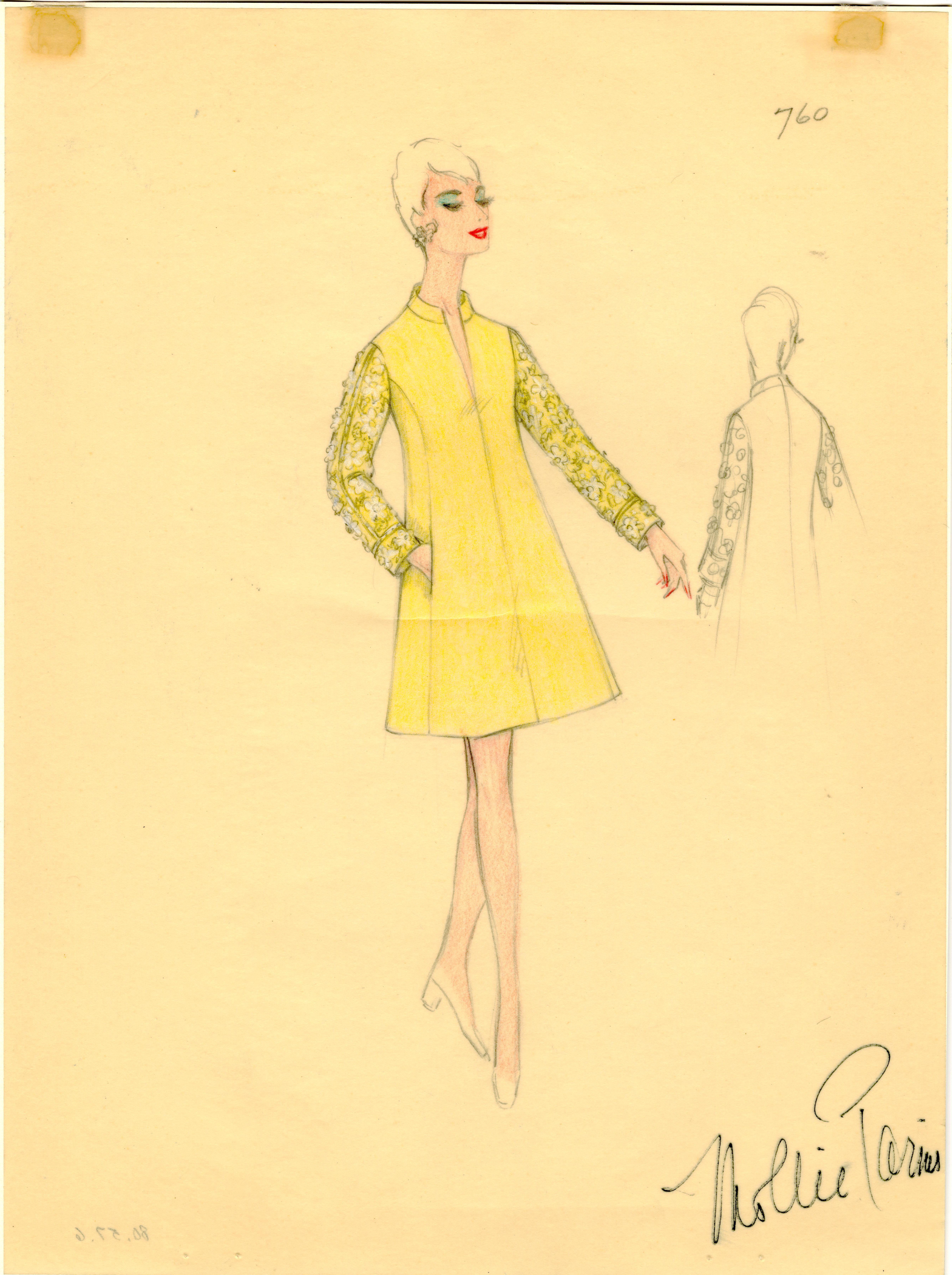 Design sketch by Mollie Parnis for Lady Bird Johnson’s yellow rhinestone-sleeved evening dress.